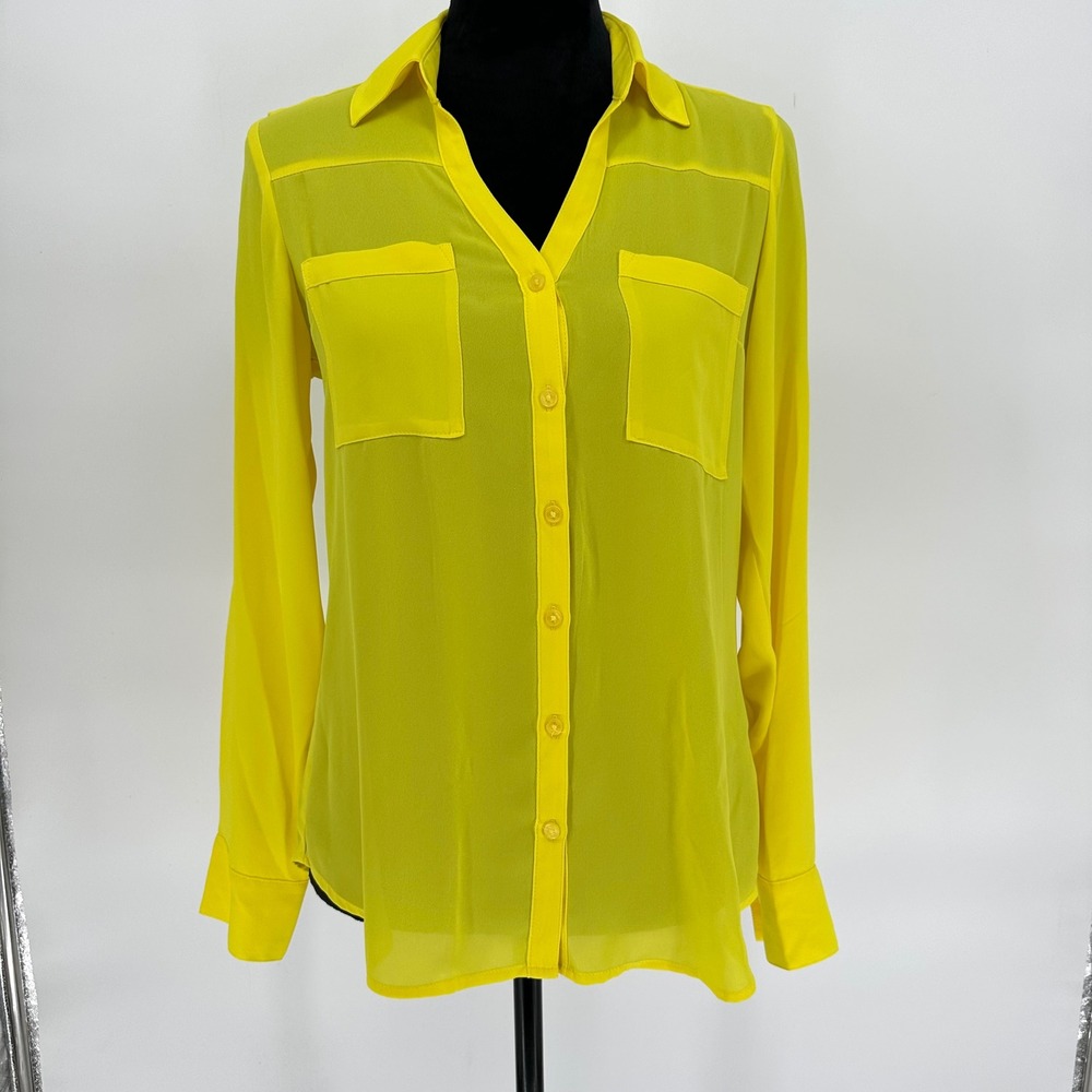 Express Portofino Shirt Yellow Highlighter Button Up Blouse Roll‎ Tab Sleeve S